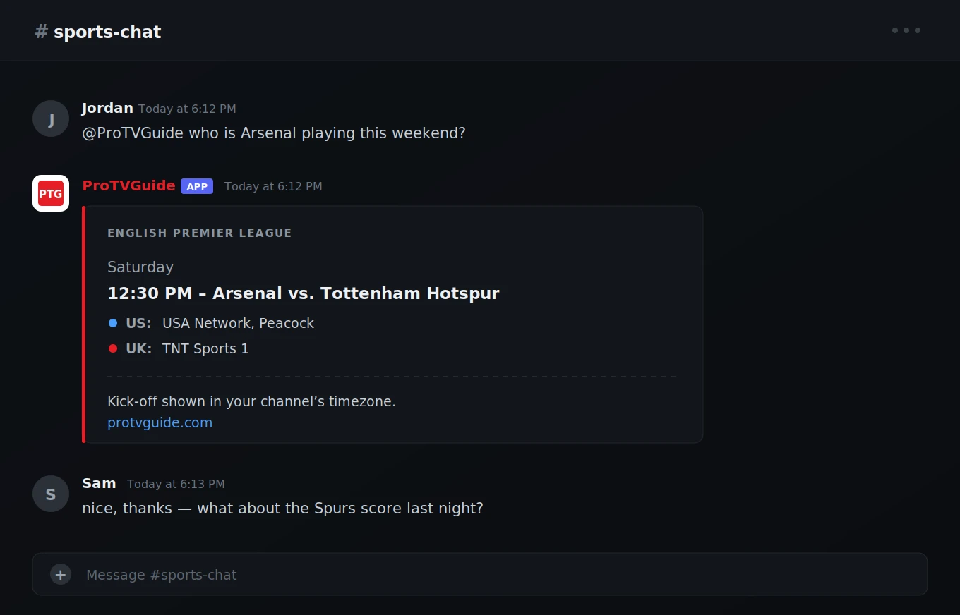A member asking the bot which team is playing next and getting a fixture back