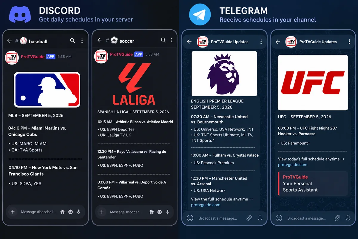 The same daily schedule posted in a Discord server and a Telegram channel