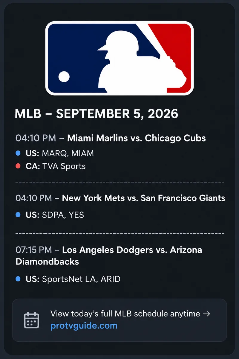 A day of MLB fixtures posted to a channel, each with its broadcasters