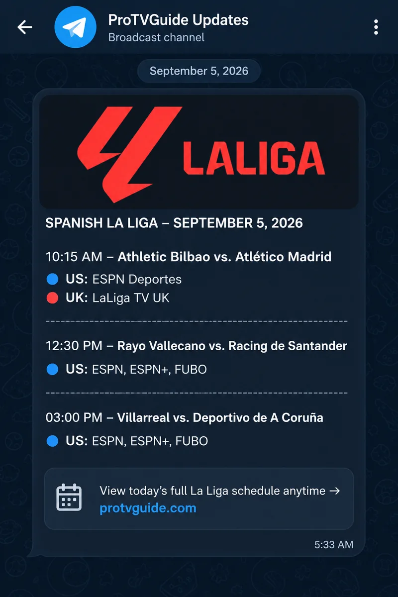 A La Liga schedule in a Telegram channel with local kick-off times